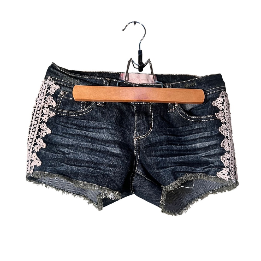 Almost Famous Women's Size 0 Denim Cut Off Shorts Dark Wash Crochet Low Rise